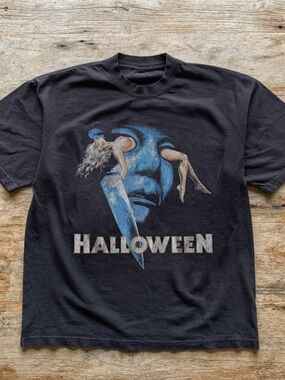 Gildan Black Halloween Graphic Tee with Blue Mask Art